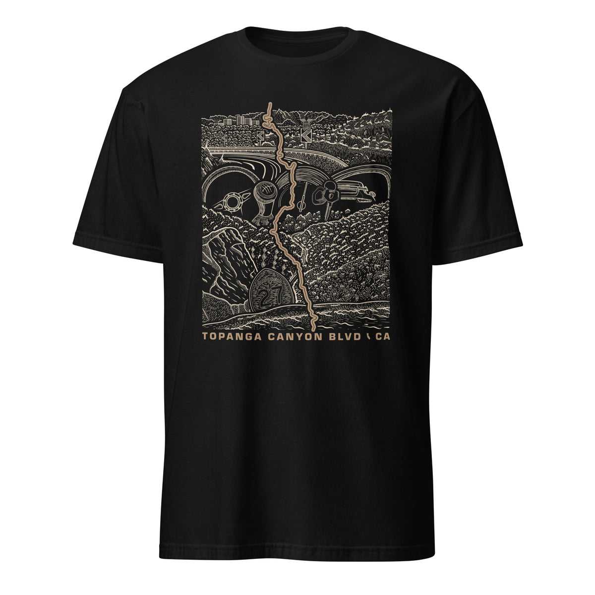 Topanga Canyon Blvd CA-27 T-Shirt — black contour lay flat — CarVore Club