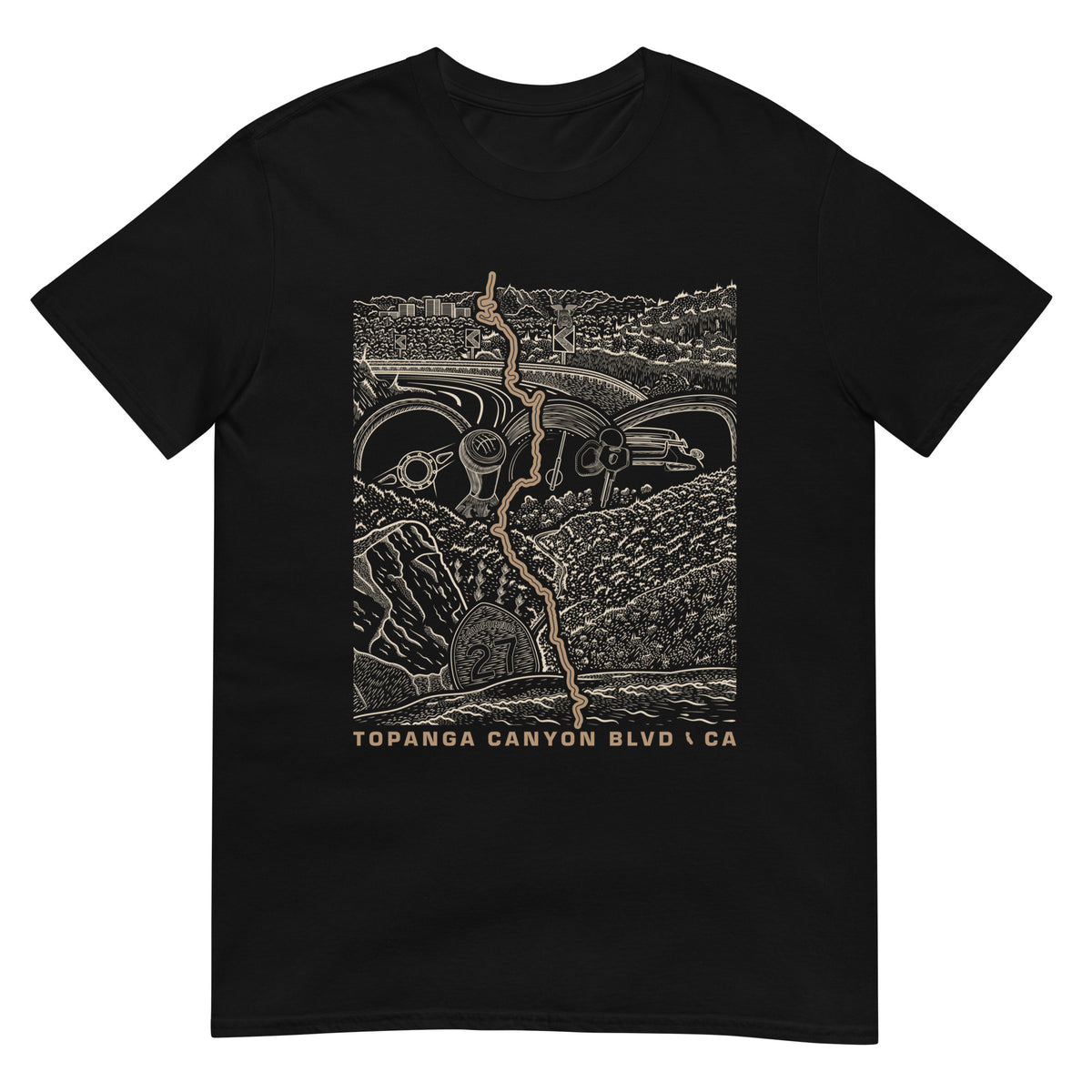 Topanga Canyon Blvd CA-27 T-Shirt — Black flat lay — CarVore Club