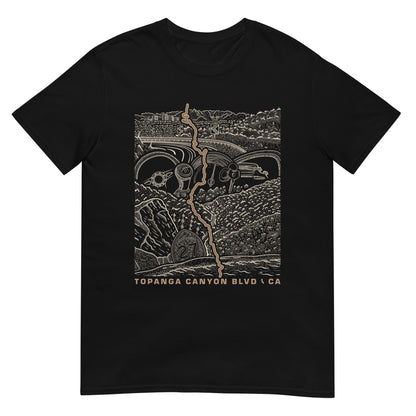 Topanga Canyon Blvd CA-27 T-Shirt — Black flat lay — CarVore Club