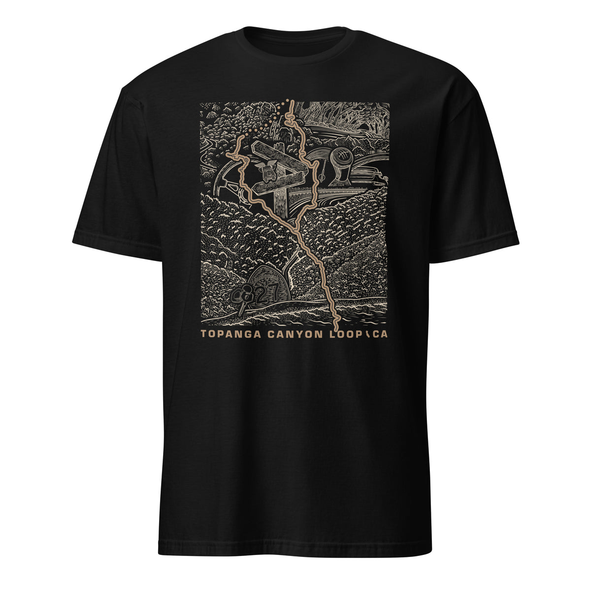 Topanga Canyon Loop CA T-Shirt — black contour lay flat — CarVore Club