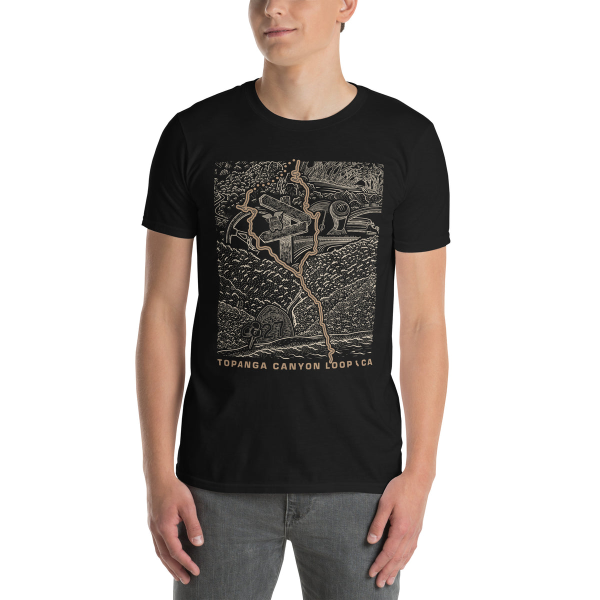 Topanga Canyon Loop CA T-Shirt — black unisex on model front view — CarVore Club
