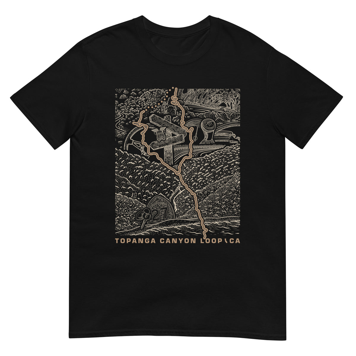 Topanga Canyon Loop CA T-Shirt — black flat lay — CarVore Club