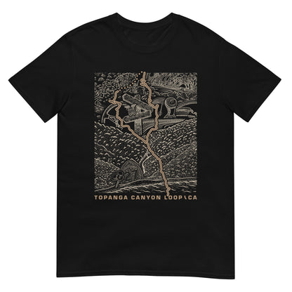 Topanga Canyon Loop CA T-Shirt — black flat lay — CarVore Club
