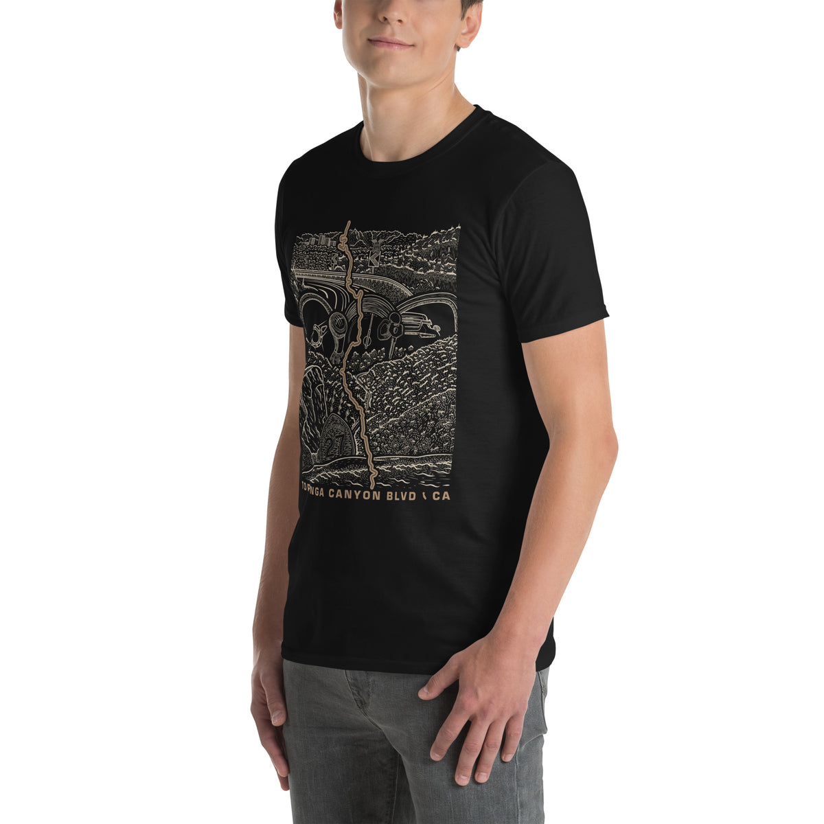 Topanga Canyon Blvd CA-27 T-Shirt — Black unisex on model 3/4 view — CarVore Club