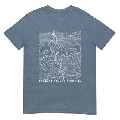Topanga Canyon Blvd CA-27 T-Shirt — Indigo heather flat lay — CarVore Club