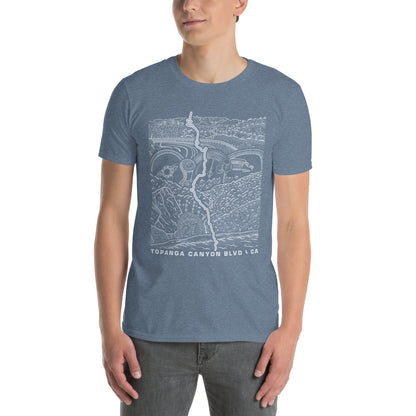 Topanga Canyon Blvd CA-27 T-Shirt — Indigo heather unisex on model front view — CarVore Club