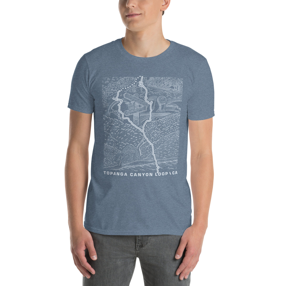 Topanga Canyon Loop CA T-Shirt — indigo heather unisex on model front view — CarVore Club