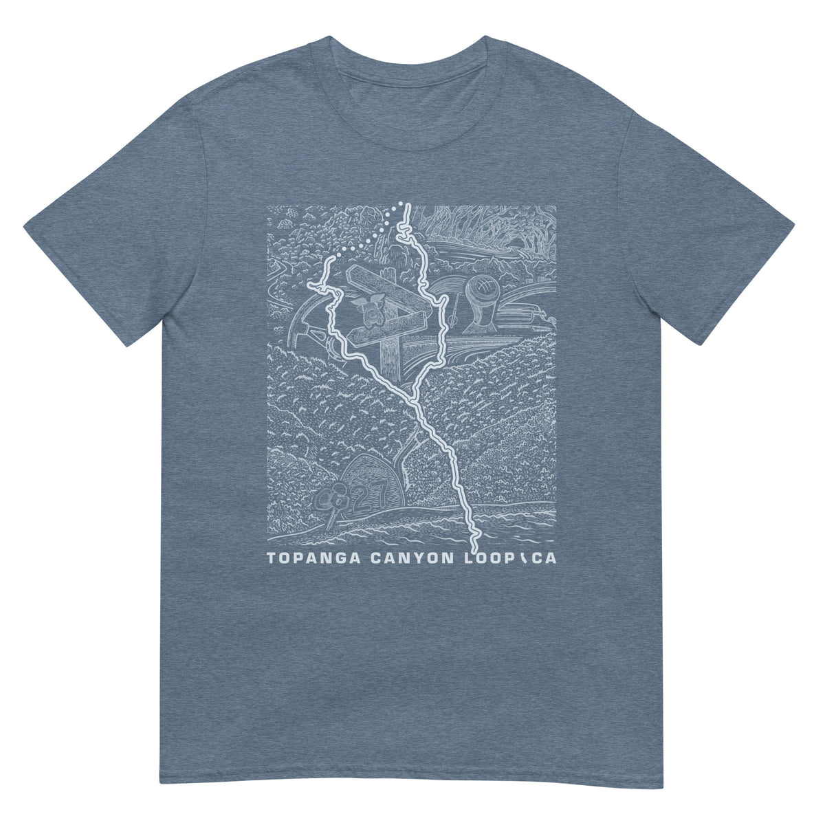 Topanga Canyon Loop CA T-Shirt — indigo heather flat lay — CarVore Club