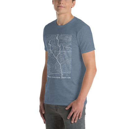 Topanga Canyon Loop CA T-Shirt — indigo heather unisex on model 3/4 view — CarVore Club
