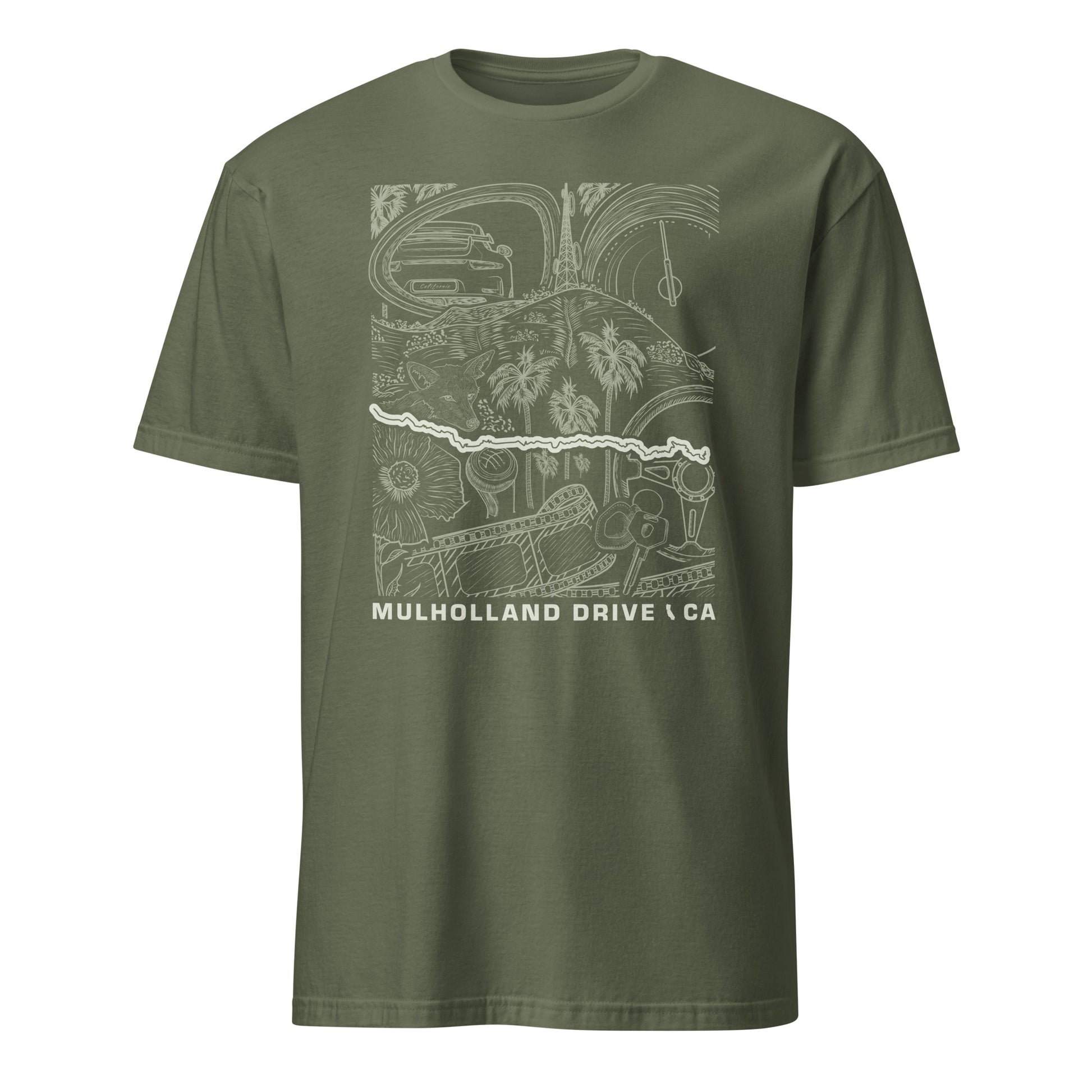 Mulholland Drive Los Angeles road art t-shirt design featuring Hollywood Hills, city views, and iconic LA driving route in a line illustration on a Military Green unisex t-shirt.
