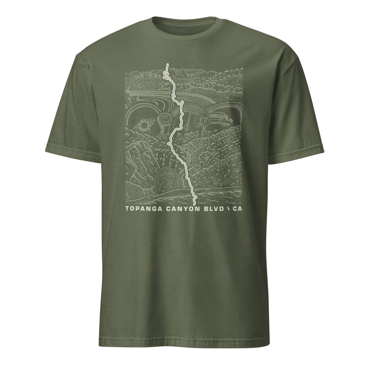 Topanga Canyon Blvd CA-27 T-Shirt — Military green contour lay flat — CarVore Club