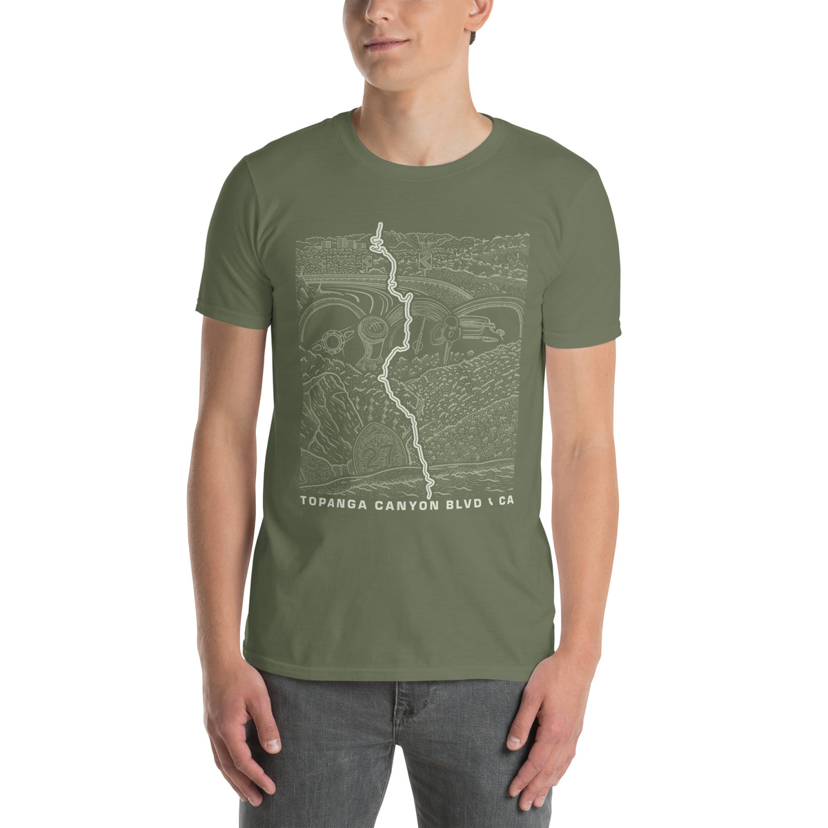 Topanga Canyon Blvd CA-27 T-Shirt — Military green unisex on model front view — CarVore Club