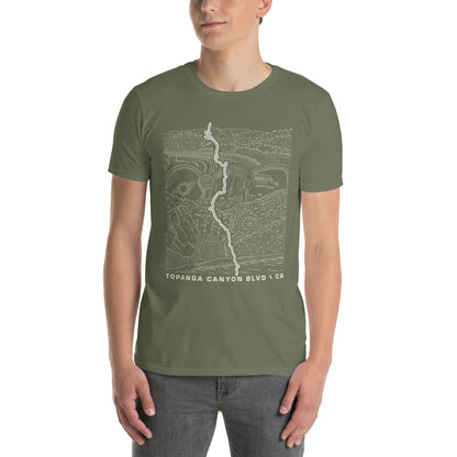 Topanga Canyon Blvd CA-27 T-Shirt — Military green unisex on model front view — CarVore Club