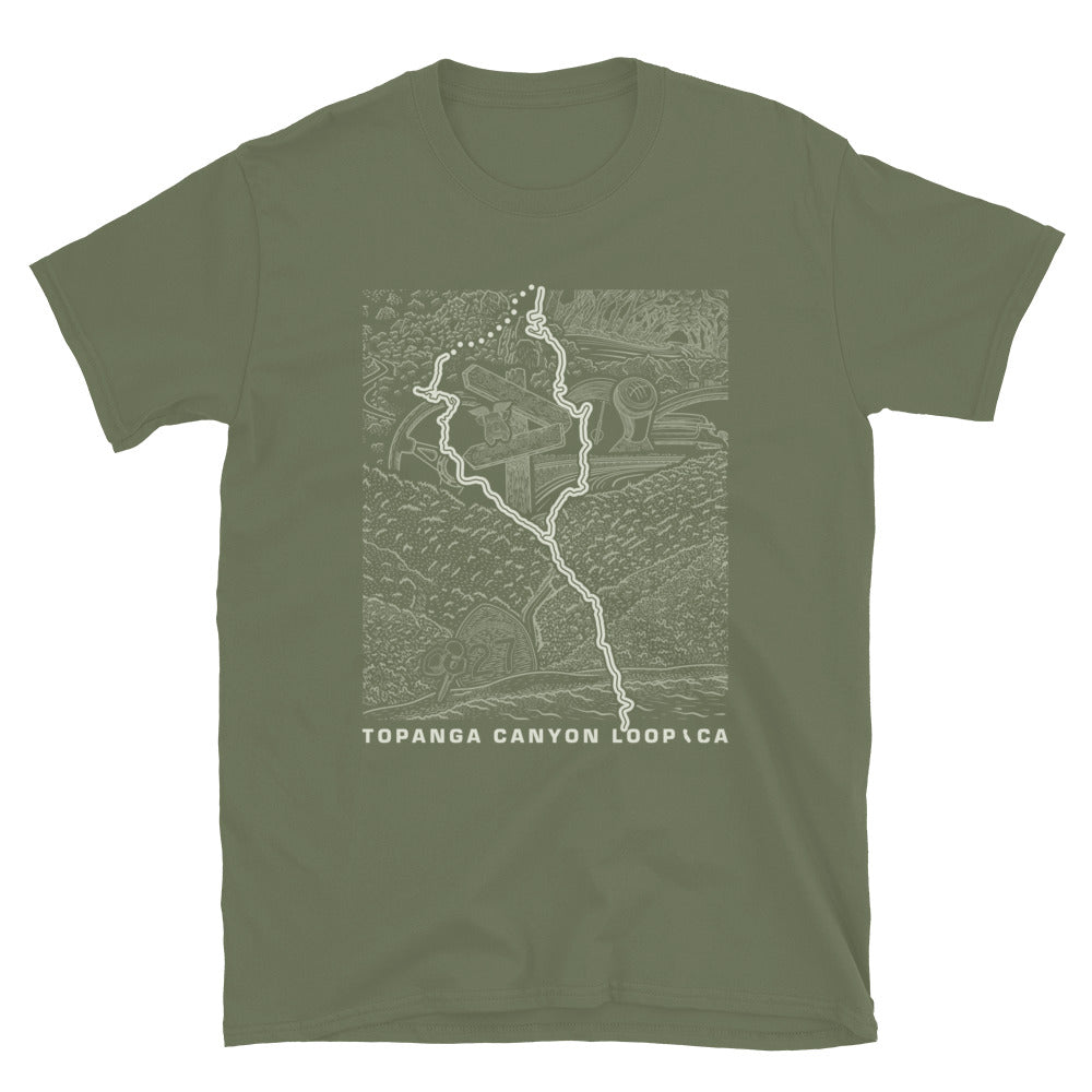 Topanga Canyon Loop CA T-Shirt — military green flat lay — CarVore Club