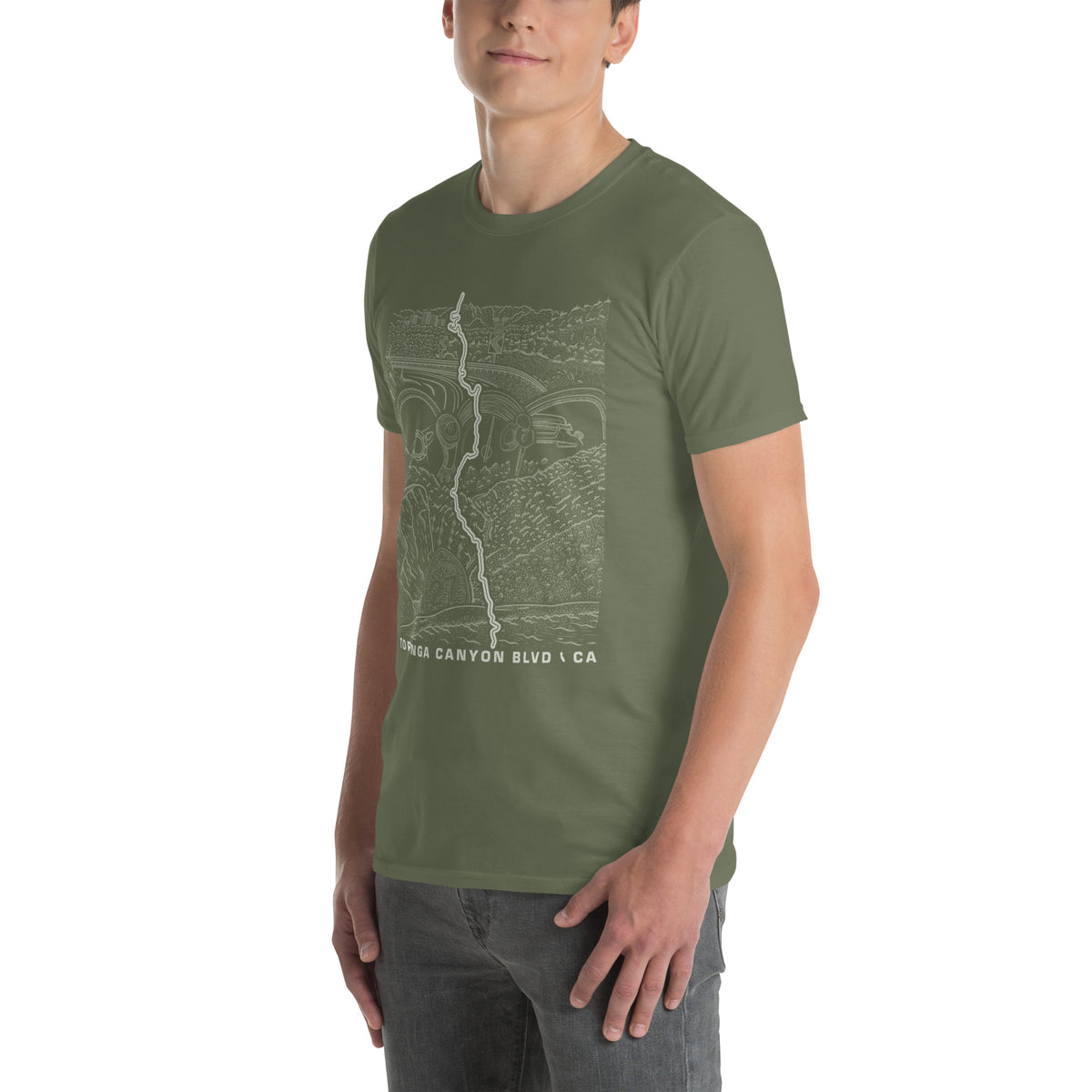 Topanga Canyon Blvd CA-27 T-Shirt — Military green unisex on model 3/4 view — CarVore Club