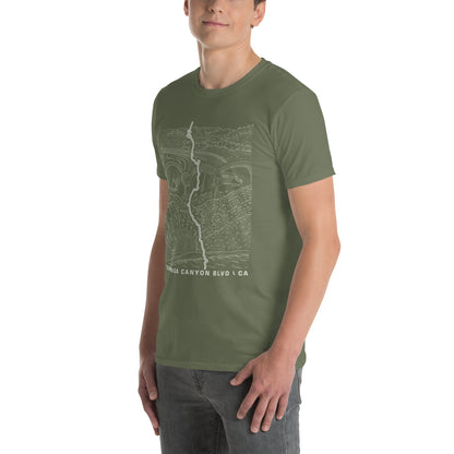 Topanga Canyon Blvd CA-27 T-Shirt — Military green unisex on model 3/4 view — CarVore Club