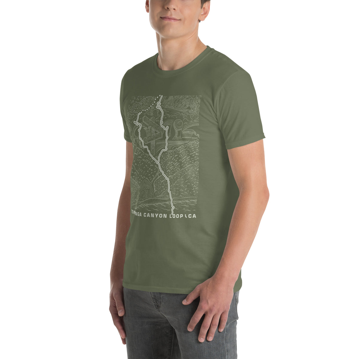 Topanga Canyon Loop CA T-Shirt — military green unisex on model 3/4 view — CarVore Club