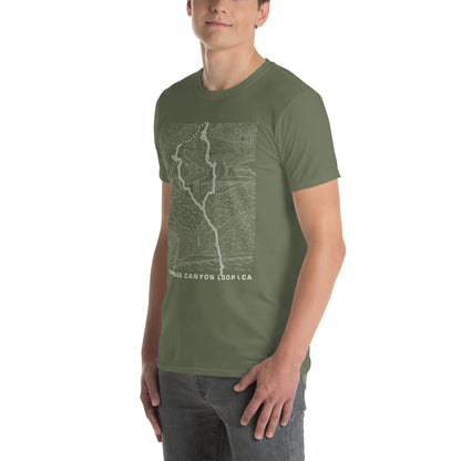 Topanga Canyon Loop CA T-Shirt — military green unisex on model 3/4 view — CarVore Club