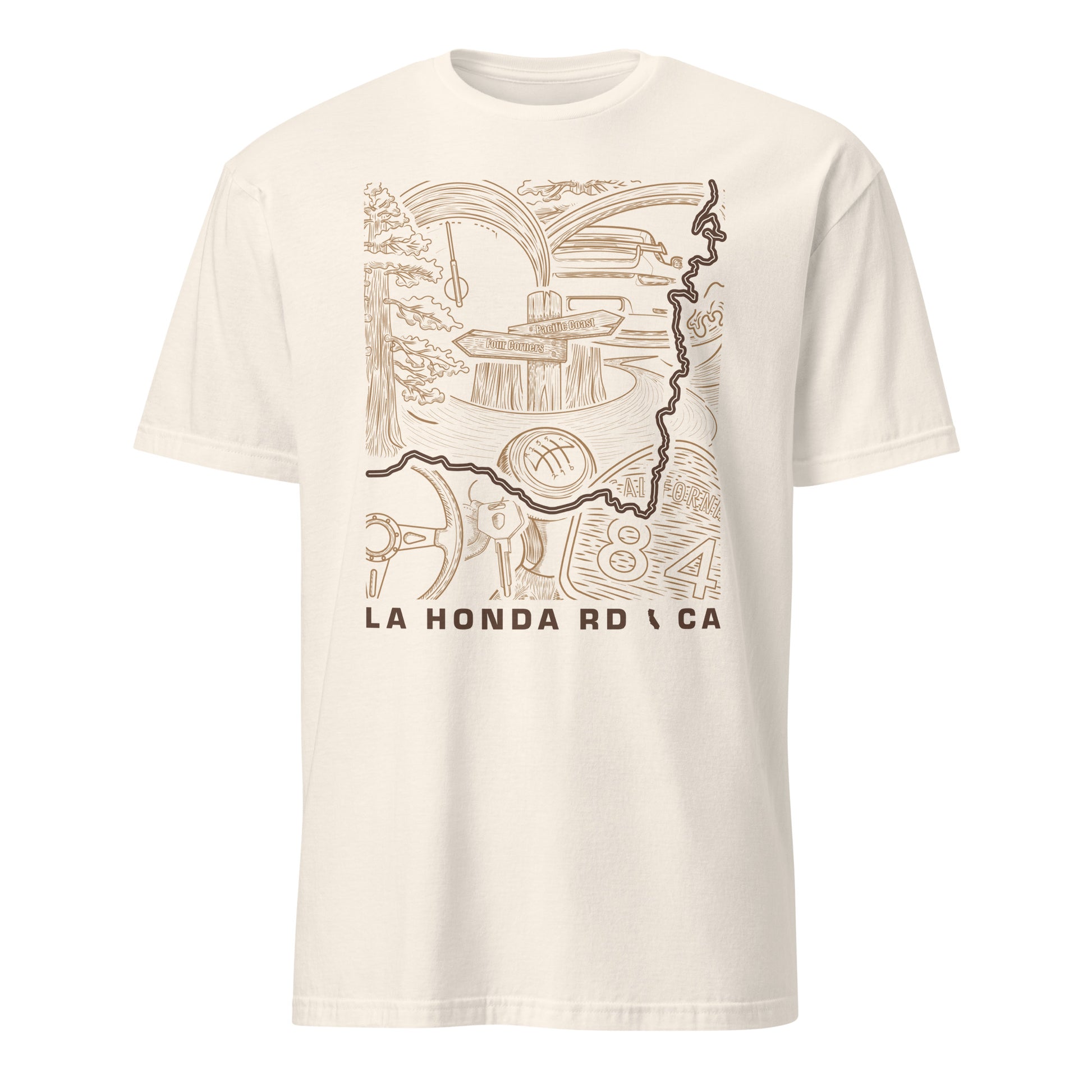 La Honda Road Highway 84 California road art t-shirt design featuring redwoods, twisty mountain roads, and Bay Area scenic drive in line illustration on a Natural colored unisex t-shirt.
