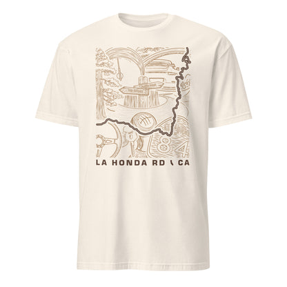 La Honda Road Highway 84 California road art t-shirt design featuring redwoods, twisty mountain roads, and Bay Area scenic drive in line illustration on a Natural colored unisex t-shirt.
