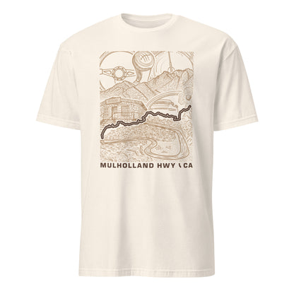Mulholland Highway California road art t-shirt design featuring The Snake section, Rock Store, Santa Monica Mountains, and Edwards Corner with line illustration in line illustration on a Natural colored unisex t-shirt.
