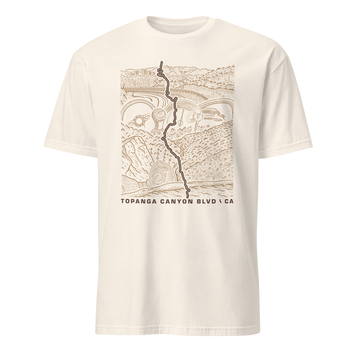 Topanga Canyon Blvd CA-27 T-Shirt — Natural contour lay flat — CarVore Club