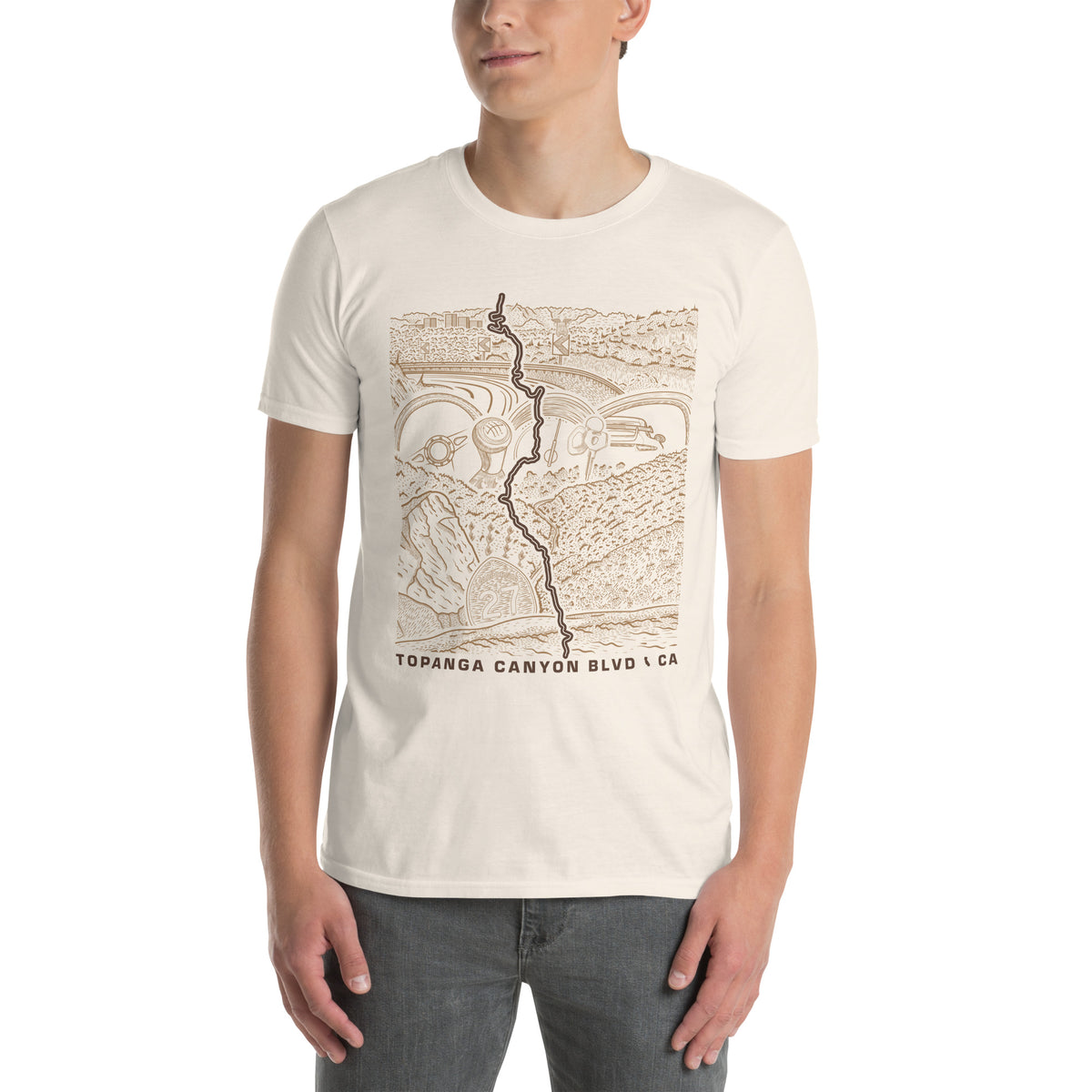 Topanga Canyon Blvd CA-27 T-Shirt — Natural unisex on model front view — CarVore Club