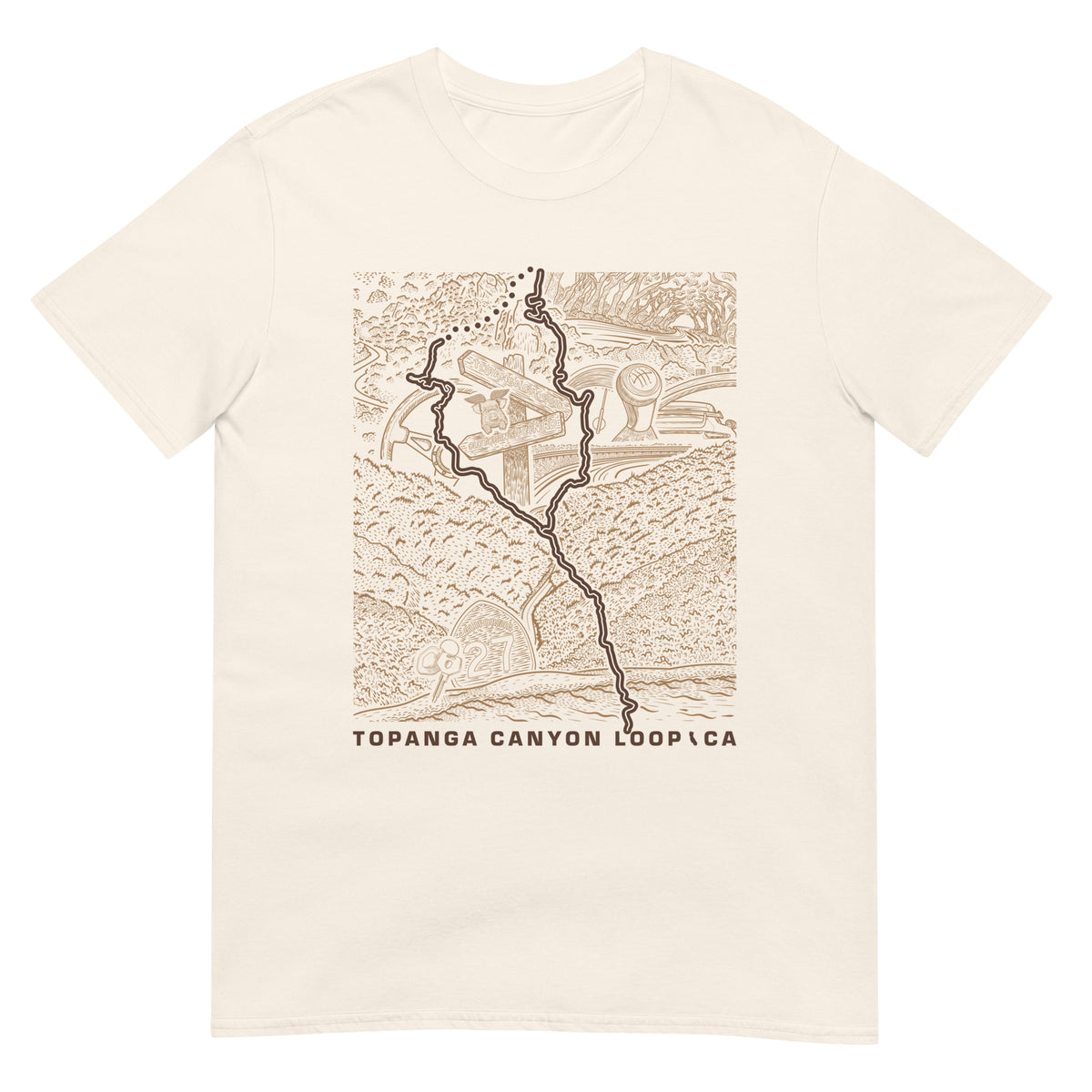 Topanga Canyon Loop CA T-Shirt — natural flat lay — CarVore Club
