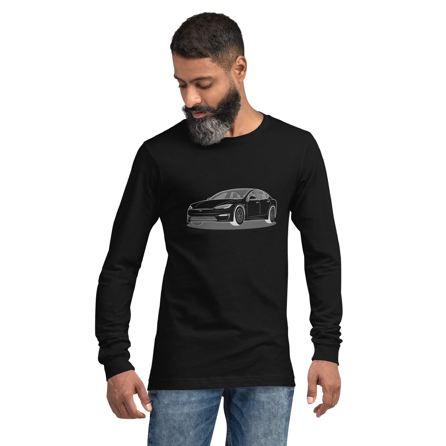 Model S Front and Back View On Premium Unisex Long-Sleeve Shirt (3 Colors Available)