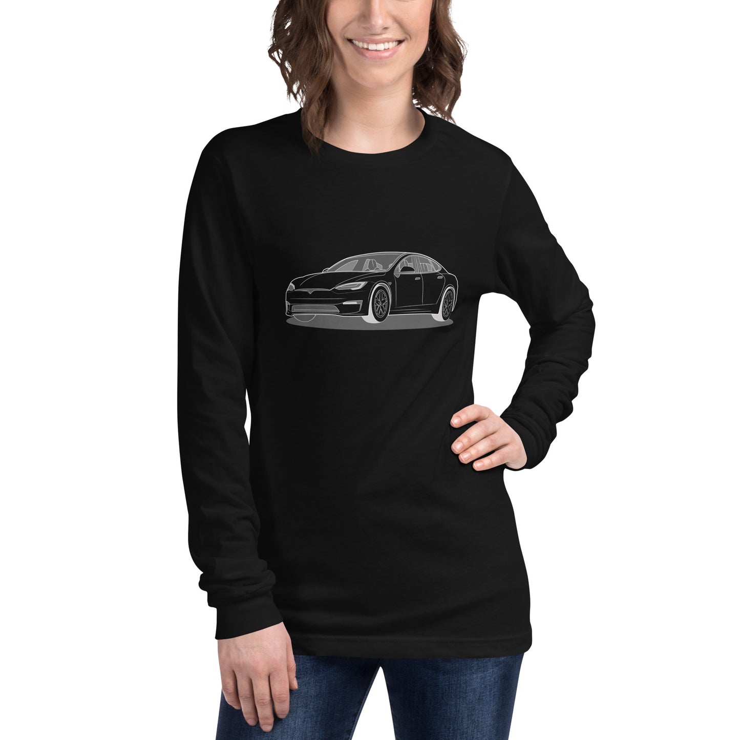 Model S Front and Back View On Premium Unisex Long-Sleeve Shirt (3 Colors Available)
