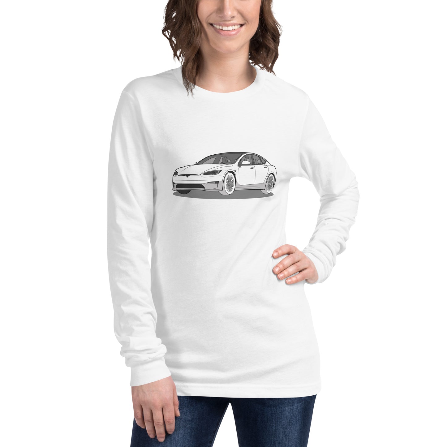 Model S Front and Back View On Premium Unisex Long-Sleeve Shirt (3 Colors Available)