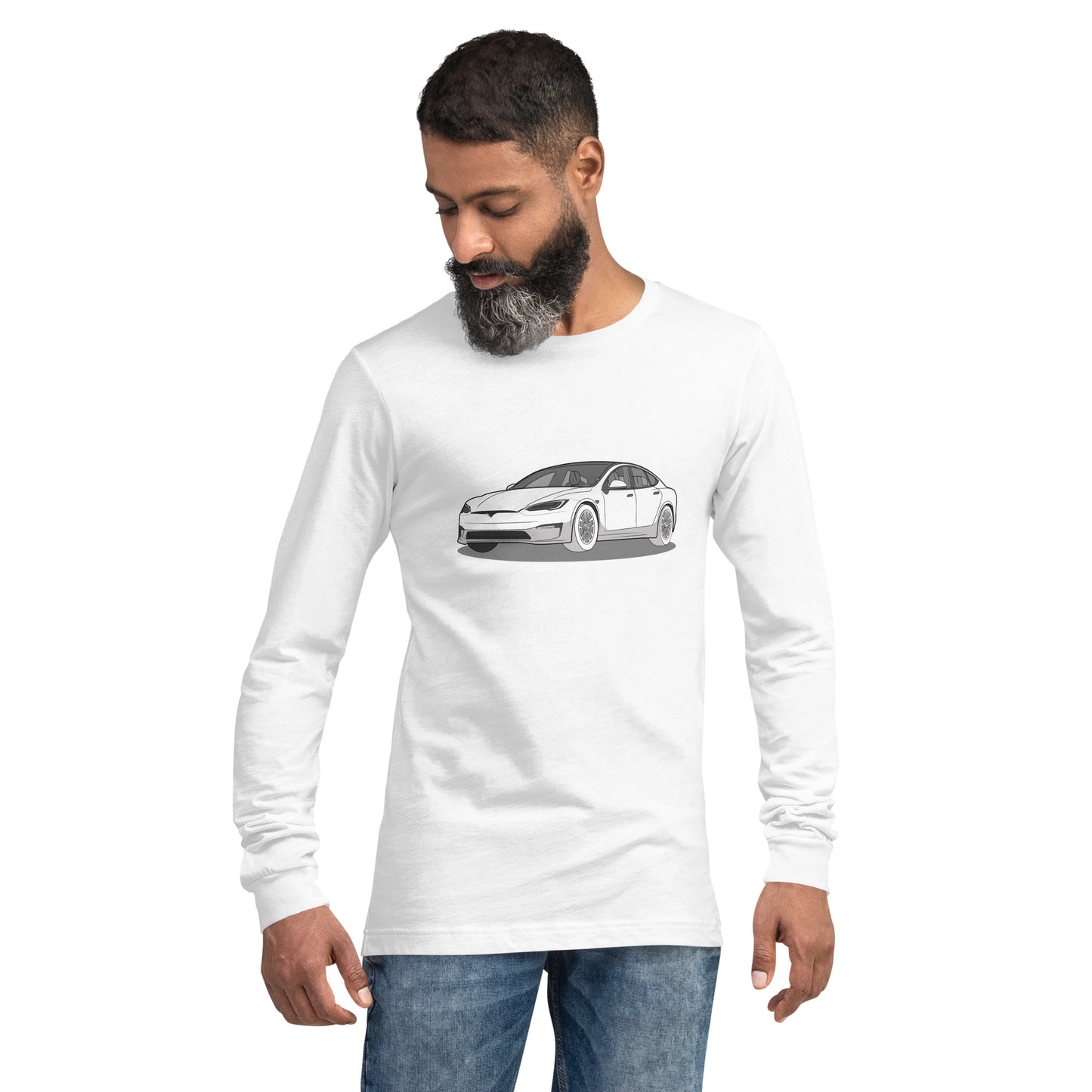 Model S Front and Back View On Premium Unisex Long-Sleeve Shirt (3 Colors Available)